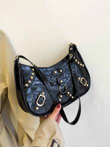 Fashionable Crescent Bag With Rivet Decoration, Large Capacity Shoulder Bag For Women - Black - View 1