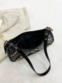 Fashionable Crescent Bag With Rivet Decoration, Large Capacity Shoulder Bag For Women - Black - View 6