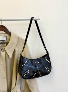 Fashionable Crescent Bag With Rivet Decoration, Large Capacity Shoulder Bag For Women - Black - View 5