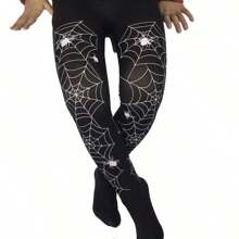 Pumpkin Pattern Party Performance Kids' Tights With Spider Web Print, For 8-12 Years Old In Black And White - Black and White - View 3