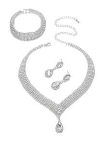 1套完整的鋯石新娘珠寶套裝,適用於女士派對,豪華水晶婚禮珠寶套裝 - 銀色 - 查看 13