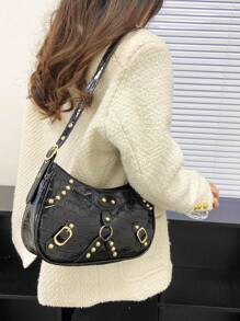 Fashionable Crescent Bag With Rivet Decoration, Large Capacity Shoulder Bag For Women - Black - View 8