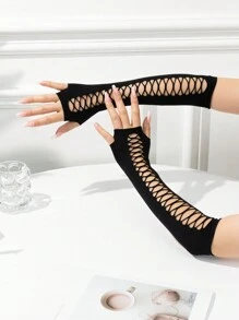 1 双女式黑色高弹力针织朋克哥特式袖套，带镂空设计，适合驾驶、骑行、户外活动、派对和万圣节服装婚礼 - 黑色 - 查看 2