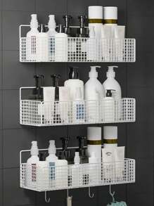 1pc Simple Black Hollow Wall Mounted Storage Shelf, Modern Iron Bathroom Storage Rack For Household - White - View 2