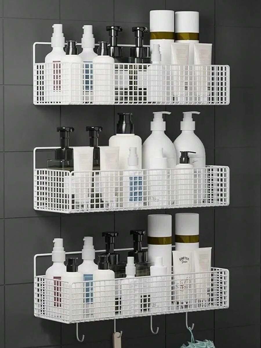 1pc Simple Black Hollow Wall Mounted Storage Shelf, Modern Iron Bathroom Storage Rack For Household