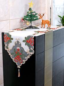 1pc Christmas Candle & Bell Pattern Table Runner, Embroidered Lace Hemmed Artistic Table Runner For Living Room, Bedroom, Dining Table, Tv Cabinet, Sideboard, Chest Of Drawers Etc. - Beige - View 1