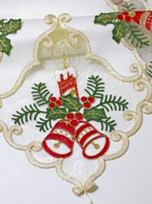 1pc Christmas Candle & Bell Pattern Table Runner, Embroidered Lace Hemmed Artistic Table Runner For Living Room, Bedroom, Dining Table, Tv Cabinet, Sideboard, Chest Of Drawers Etc. - Beige - View 6