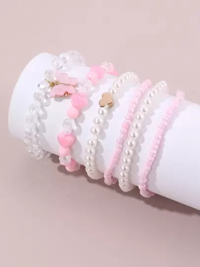 6件套女孩珍珠串珠心形蝴蝶手链，日常佩戴装饰