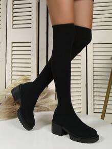 2023年秋冬新款增高防滑厚底過膝襪靴,適合嬌小女性 - 黑色 - 查看 4