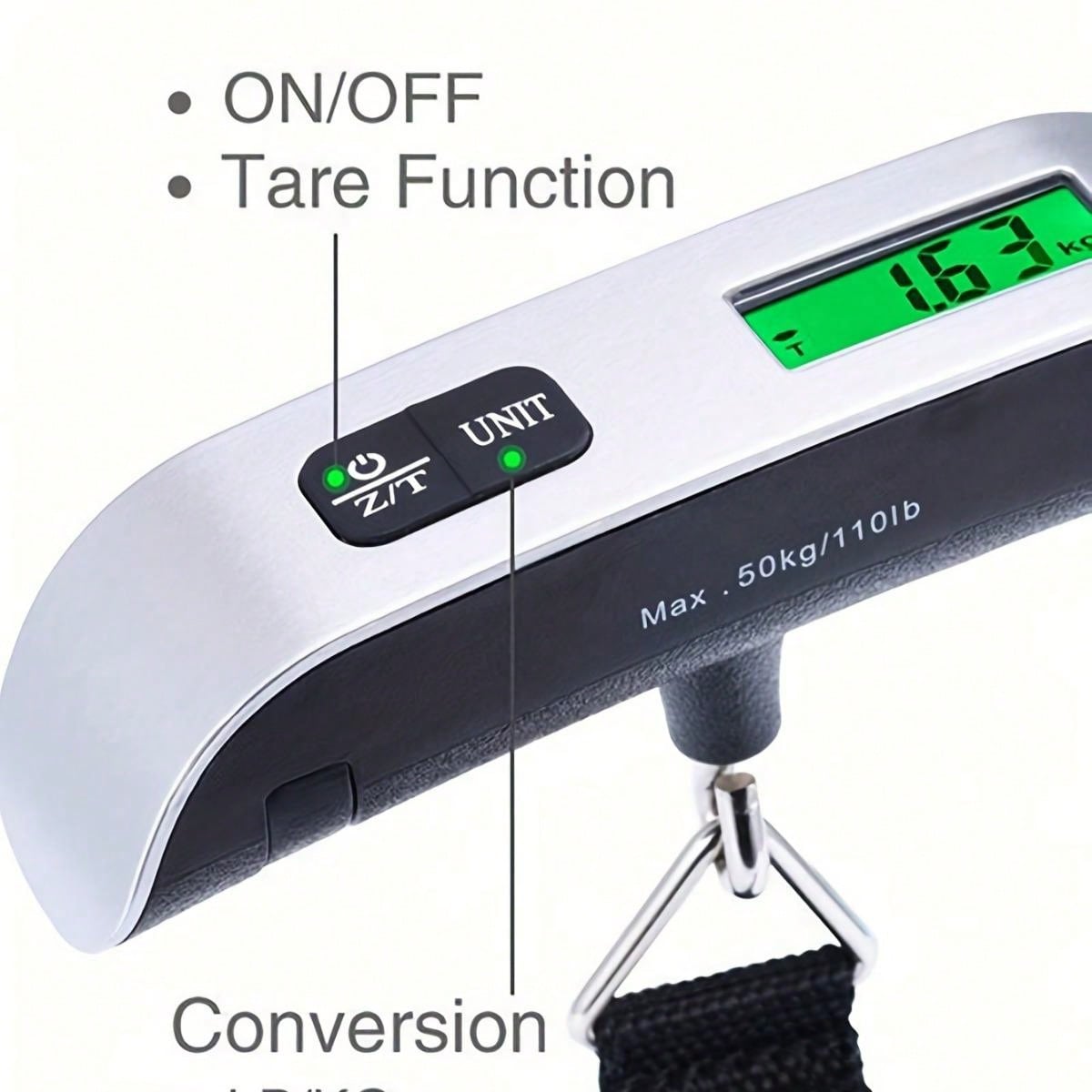 A digital baggage weight scale powered by one C2032 button cell battery Digital baggage weight