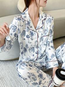 藍色圖案長袖家居服套裝 - 藍色 - 查看 3