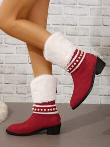 Women's Christmas Red & White Plush Collar & Pearl Decor Pointed Toe Chunky & Medium Heel Fashion Party Red Mid-calf Boots