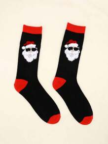 1雙男士聖誕襪,聖誕帽圖案襪,聖誕糖果狗襪聖誕襪 - 黑色 - 查看 2