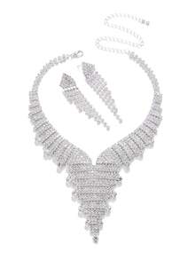 1套完整的鋯石新娘珠寶套裝,適用於女士派對,豪華水晶婚禮珠寶套裝 - 銀色 - 查看 15