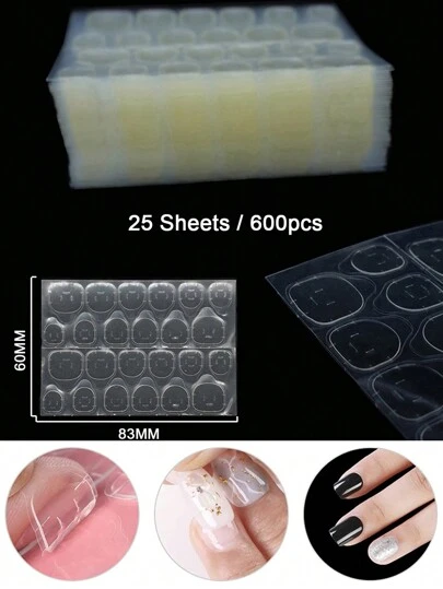 25張/600pcs超黏貼指甲果凍貼，薄，防水，透氣雙面黏著指甲膜膠指甲貼紙，可用於假指甲貼片DIY指甲藝術裝飾貼紙