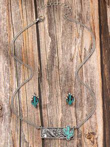 3 Pcs Turquoise Stone Decor Western Cactus Pendant Necklace Stud Earring Jewelry Set - Silver - View 2