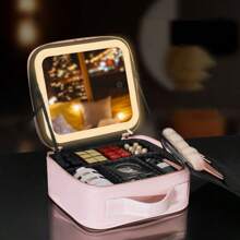 LED Light Professional Makeup Box With Lights Full Screen Mirror On-Off, Portable Travel Cosmetic Storage Case, Beautician Makeup brush Nail Toolbox, Pink - Pink - View 2