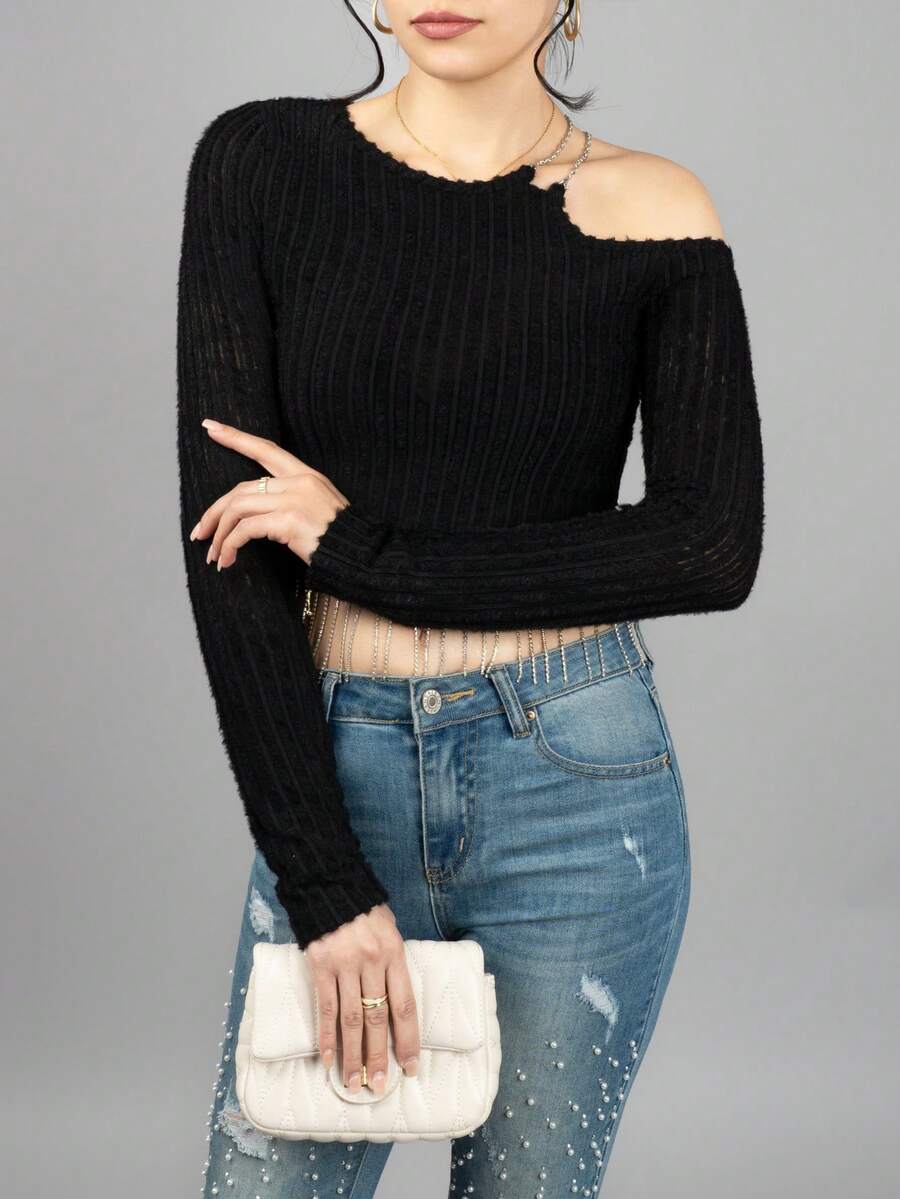 Blusa para dama unicolor con piedras y hombro descubierto - Negro - Ver 1