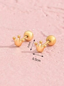 1 Par de pequeños y delicados aretes de botón con diseño de corona de acero inoxidable lindo para niñas, joyería decorativa de moda diaria