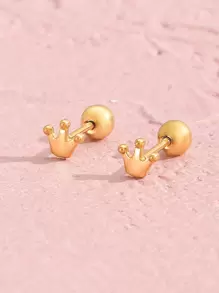 1 Par de pequeños y delicados aretes de botón con diseño de corona de acero inoxidable lindo para niñas, joyería decorativa de moda diaria