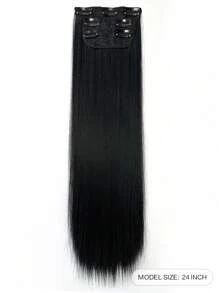 Extension Clip Per Capelli Per Donne Di 24 Pollici Di Lunghezza Con Ciocche Di Capelli Neri Lunghi E Dritti, Extension Di Capelli Sintetici Per La Testa Intera (3 Pezzi, Nero)