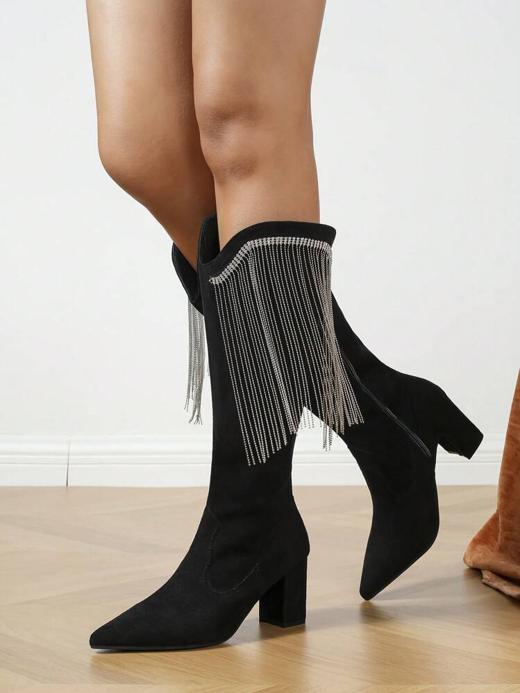 Pointy Toe Rhinestone Fringe Boots Sexy High Heel Boots For Women SHEIN