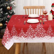 Red Christmas Snowflake Tablecloth with Tree Decorations, Washable Table Cover for Festive Party Picnic Dinner Decor - 紅色 - 查看 1