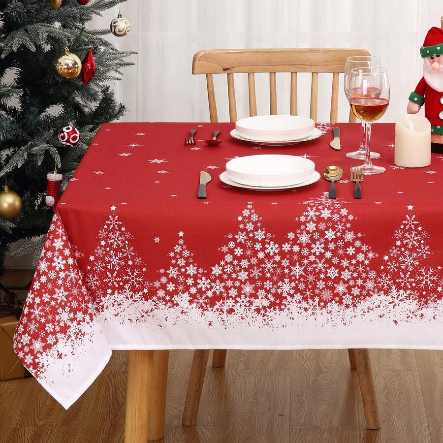 Red Christmas Snowflake Tablecloth with Tree Decorations, Washable Table Cover for Festive Party Picnic Dinner Decor - 紅色 - 查看 1