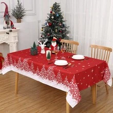 Red Christmas Snowflake Tablecloth with Tree Decorations, Washable Table Cover for Festive Party Picnic Dinner Decor - 紅色 - 查看 4