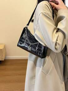 Túi đeo vai hình cá sấu màu trơn và hình nhện phong cách Gothic & dây chuyền chéo, túi đeo vai màu trơn, cần thiết cho phụ nữ, túi phong cách Rock cho phụ nữ - màu đen - Xem 4