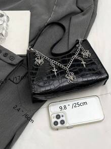 Túi đeo vai hình cá sấu màu trơn và hình nhện phong cách Gothic & dây chuyền chéo, túi đeo vai màu trơn, cần thiết cho phụ nữ, túi phong cách Rock cho phụ nữ - màu đen - Xem 5