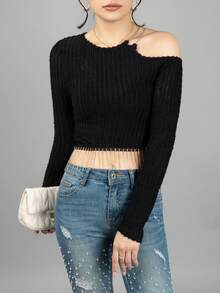 Blusa para dama unicolor con piedras y hombro descubierto - Negro - Ver 2