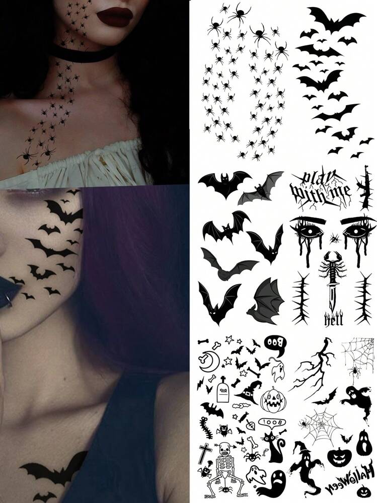 ハロウィーン クモの巣フェイスタトゥーステッカー 6枚組、コウモリ