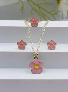 4 件/組粉紅油滴櫻花吊墜項鍊、戒指、耳環組合套裝。非常適合節日禮物