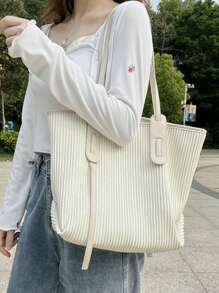 1大容量上課包蛋糕包休閒百褶軟皮百搭大容量通勤單肩托特包 - 白色 - 查看 2