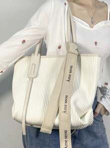 1大容量上課包蛋糕包休閒百褶軟皮百搭大容量通勤單肩托特包 - 白色 - 查看 3