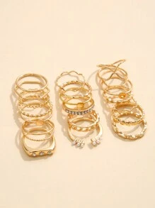 20pcs Geometric Wavy Design Rings With Pearl And Rhinestone Detail, Suitable For Women For Daily Wear - Yellow Gold - View 2