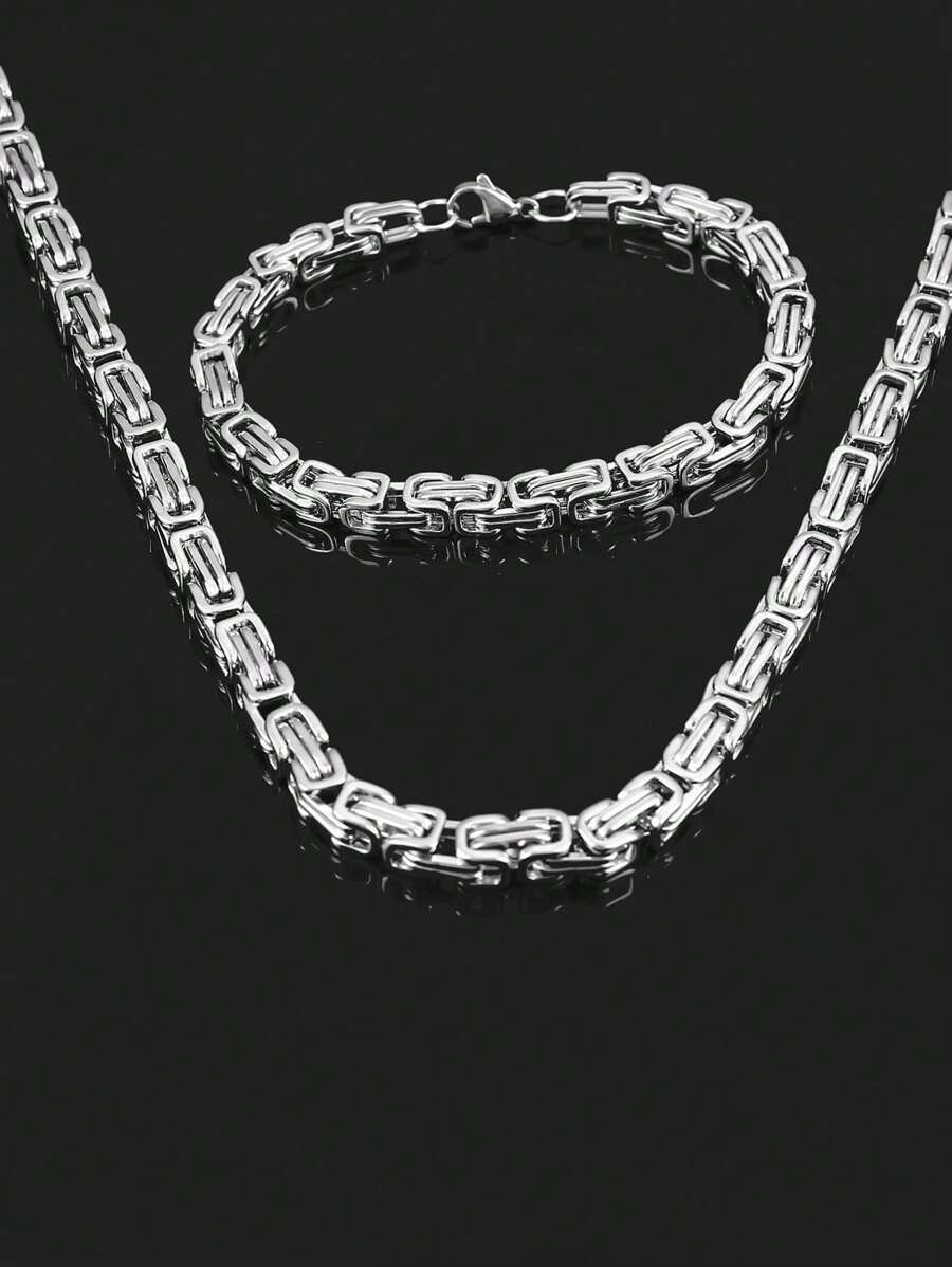 Men Minimalist Chain Necklace & Bracelet Stainless Steel Punk Hip Pop Style - Silver - View 1