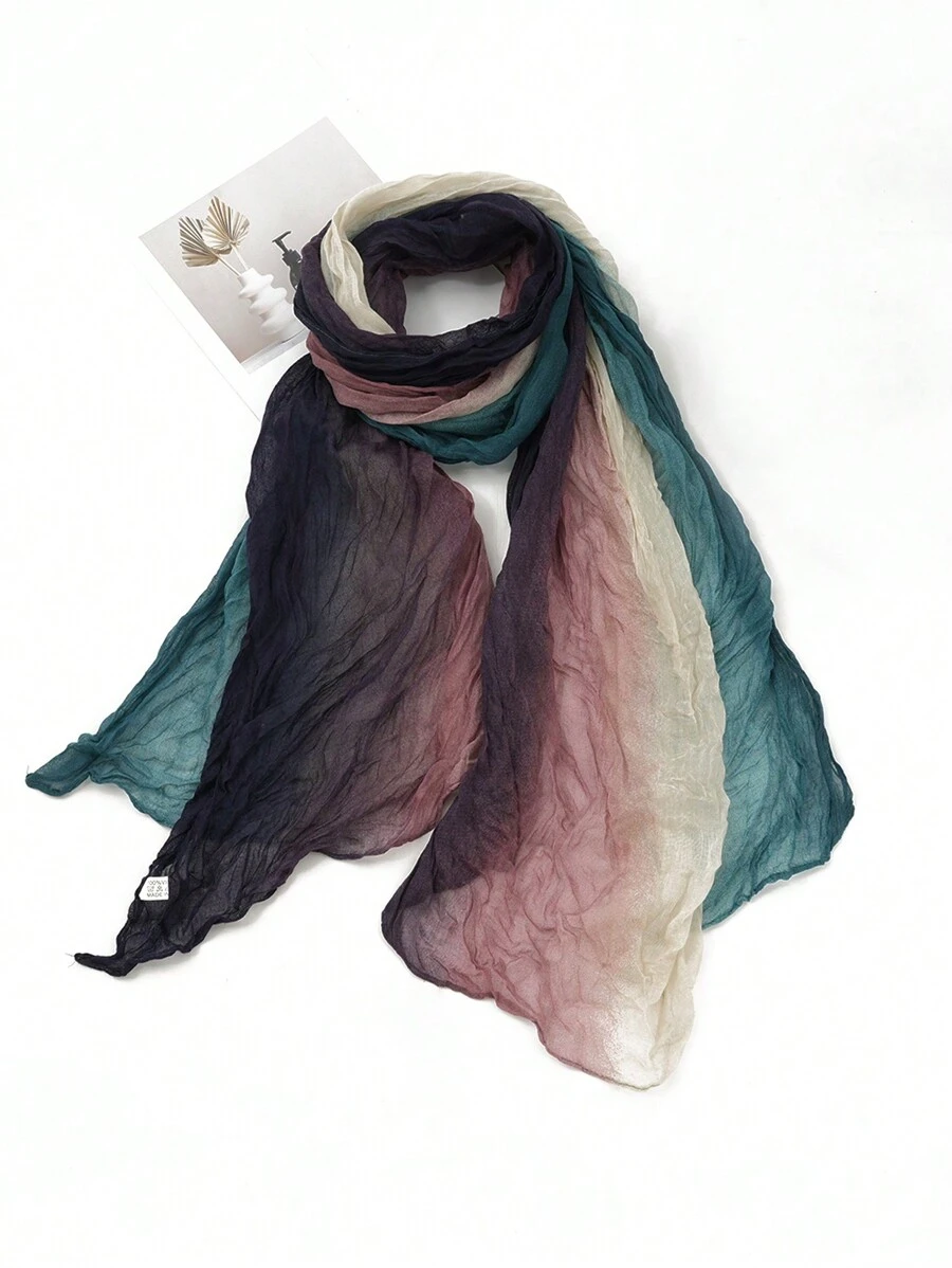 一對女性時尚亞麻漸變皺褶薄款防曬披肩和頭帶圍巾,適用於日常通勤,防曬,旅行和攝影雙重使用。 - 彩色 - 查看 1