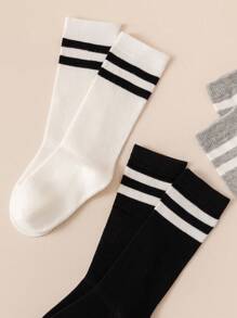 3pairs Children's Striped Sports Knee-high Socks, Seamless Knit Student Socks