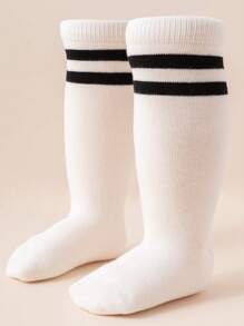 3pairs Children's Striped Sports Knee-high Socks, Seamless Knit Student Socks