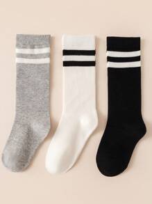 3pairs Children's Striped Sports Knee-high Socks, Seamless Knit Student Socks