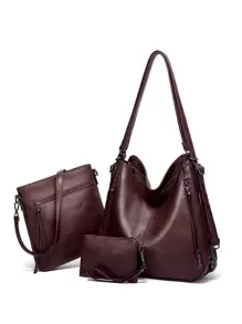 3入組新款經典時尚通勤學生旅行多色純PU肩背包，可拆卸調節肩帶，多部件和包。男女適用，多種攜帶方式：肩袋，背包，手提包，斜挎包。非常適合工作、日常使用和旅行。 - 酒紅色 - 查看 1