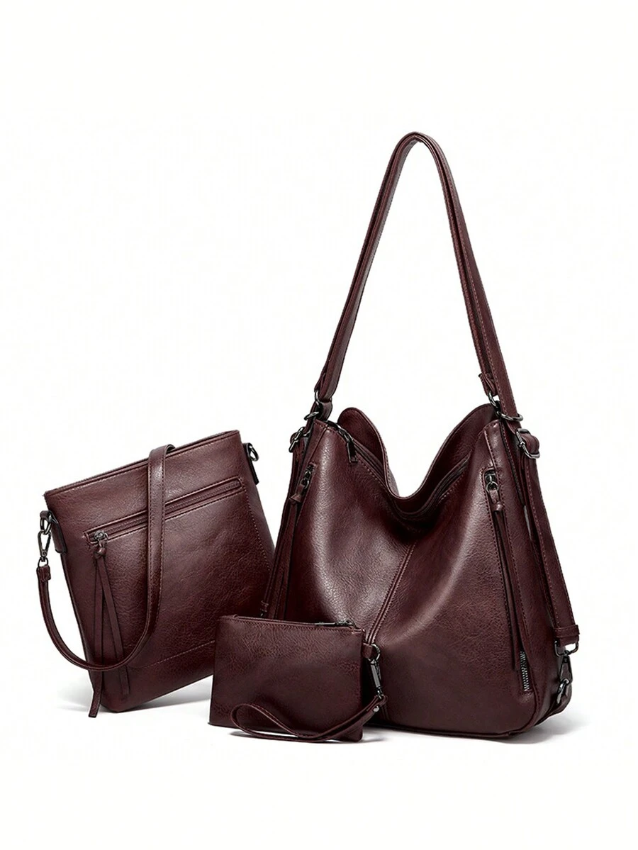 3入組新款經典時尚通勤學生旅行多色純PU肩背包，可拆卸調節肩帶，多部件和包。男女適用，多種攜帶方式：肩袋，背包，手提包，斜挎包。非常適合工作、日常使用和旅行。 - 酒紅色 - 查看 1