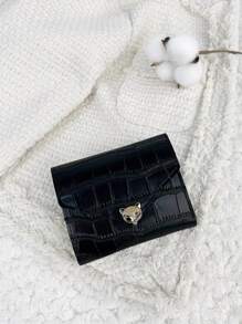 Black Crocodile Embossed Flap Coin Pocket Small ID Window Bi-Fold Women Wallet Pattern Engraved ID Minimalist Fashion Modern Business For Anniversary For On Valentine Day For Birthday Gift For Gift For Wife For Girls For Lady For Female Bag School Supplies For School Dorm Room & Back To School Gift Gifts For Teachers Business Casual Valentines For Women Wallet Purse Wallet Small Wallet - Black - View 4