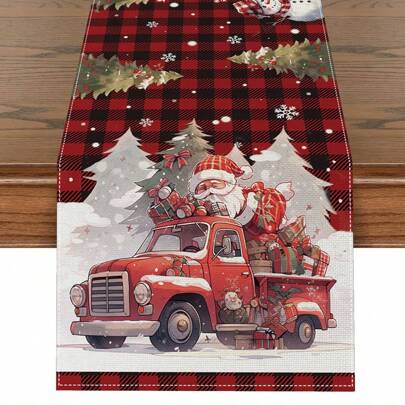 1pc Santa Claus Red & Black Plaid Christmas Table Runner, Festive Decoration Table Cloth