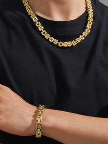 Men Minimalist Chain Necklace & Bracelet Stainless Steel Punk Hip Pop Style - Silver - View 2