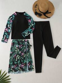 3 件套保守全身泳衣，包括上衣、下装和长袖罩衫夏季 - 黑色 - 查看 5