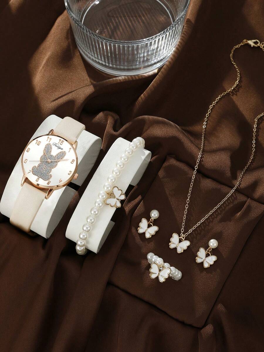 兒童手錶,卡通兔子,可愛又萬用,簡約休閒送禮錶,石英錶+蝴蝶珍珠首飾套裝 - 白色 - 查看 1