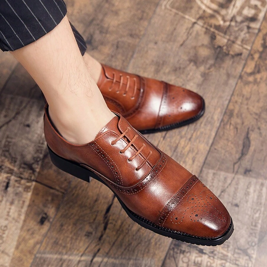 Nam Thiết kế Pointy Toe Giày cưới nam Oxford Phong cách chất liệu da PU Giày dép Với Cắt thấp Lace-up Cho đám cưới , Buổi tiệc , Làm Việc  Và Giải trí Mặc - màu nâu - Xem 1